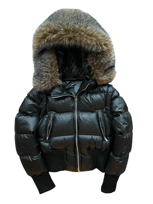 Women's Faux Fur Collar Puffer Coat Winter Streetwear Slim Fit Waist Belted Solid Color Jacket