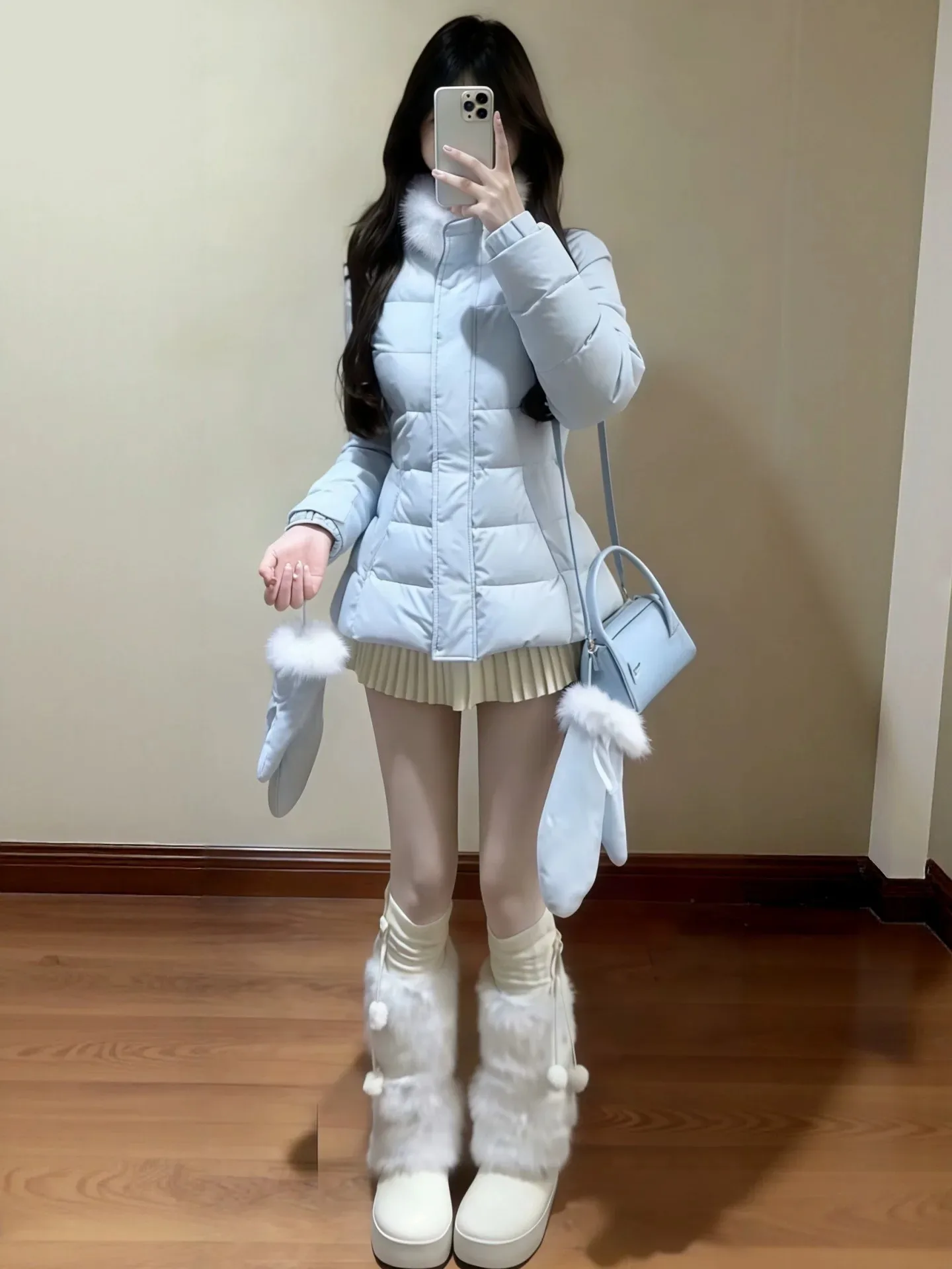 Sweet Light Blue Waist-cinching Padded Jacket Women Autumn Winter Faux Fur Collar Slim Puffer Jackets Woman Warm Thick Parkas