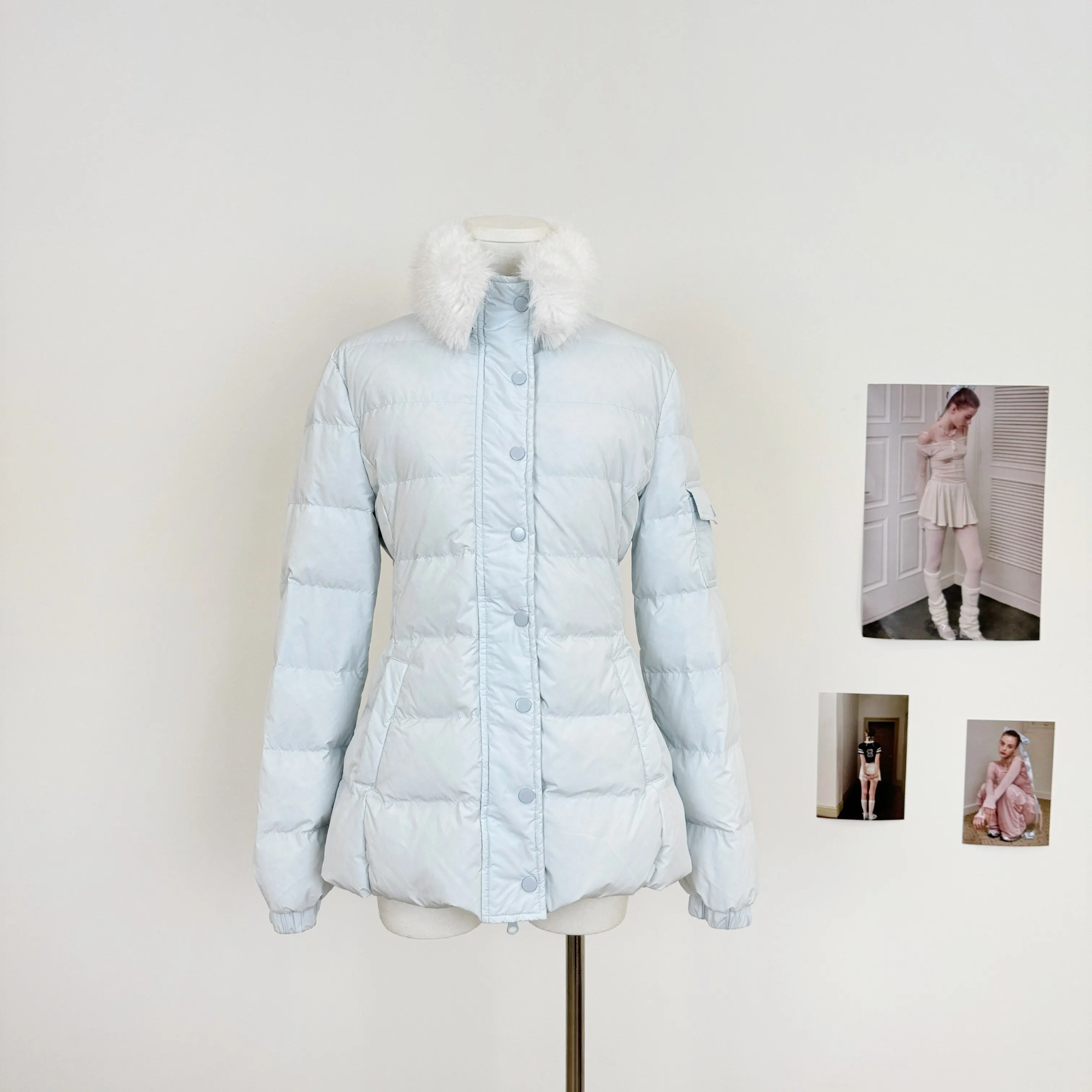 Sweet Light Blue Waist-cinching Padded Jacket Women Autumn Winter Faux Fur Collar Slim Puffer Jackets Woman Warm Thick Parkas