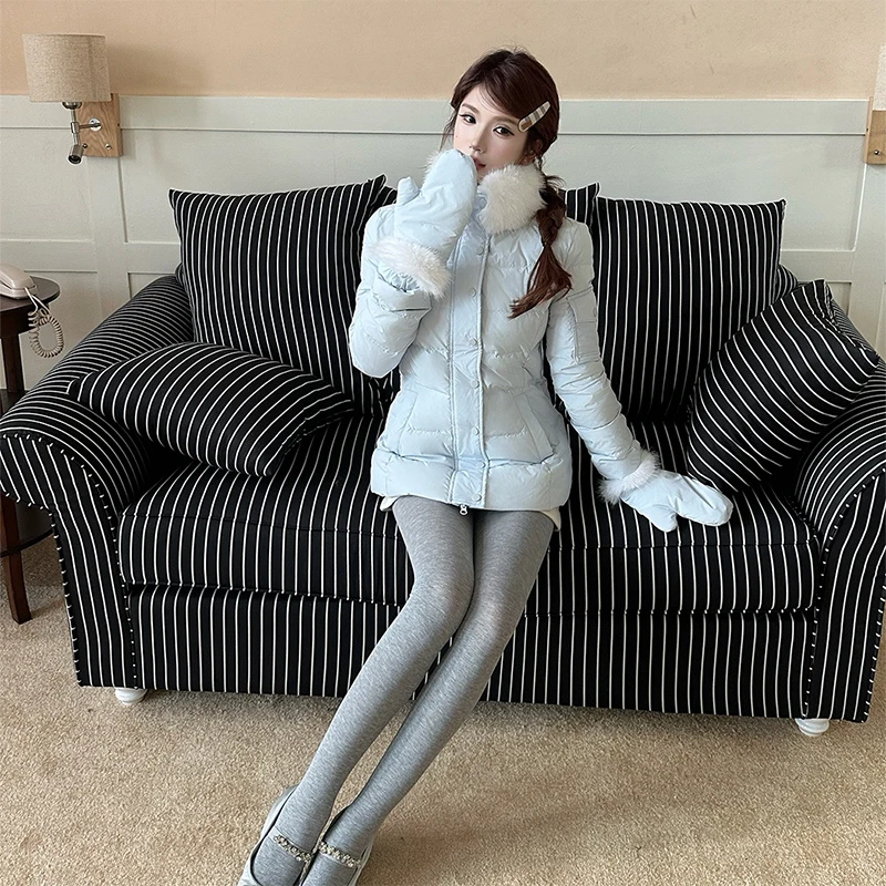 Sweet Light Blue Waist-cinching Padded Jacket Women Autumn Winter Faux Fur Collar Slim Puffer Jackets Woman Warm Thick Parkas