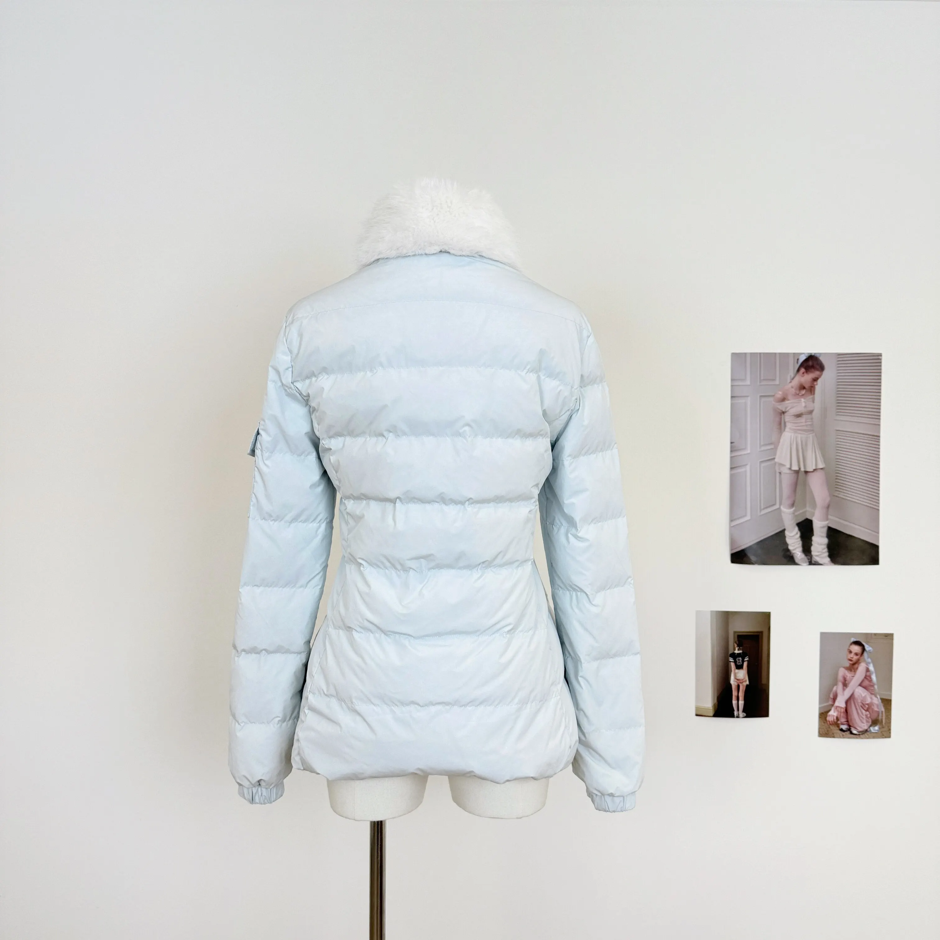 Sweet Light Blue Waist-cinching Padded Jacket Women Autumn Winter Faux Fur Collar Slim Puffer Jackets Woman Warm Thick Parkas