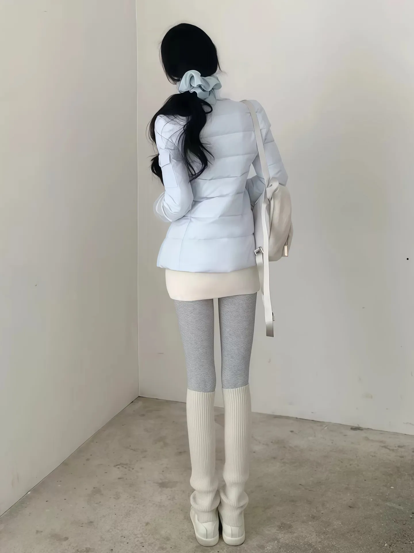 Sweet Light Blue Waist-cinching Padded Jacket Women Autumn Winter Faux Fur Collar Slim Puffer Jackets Woman Warm Thick Parkas