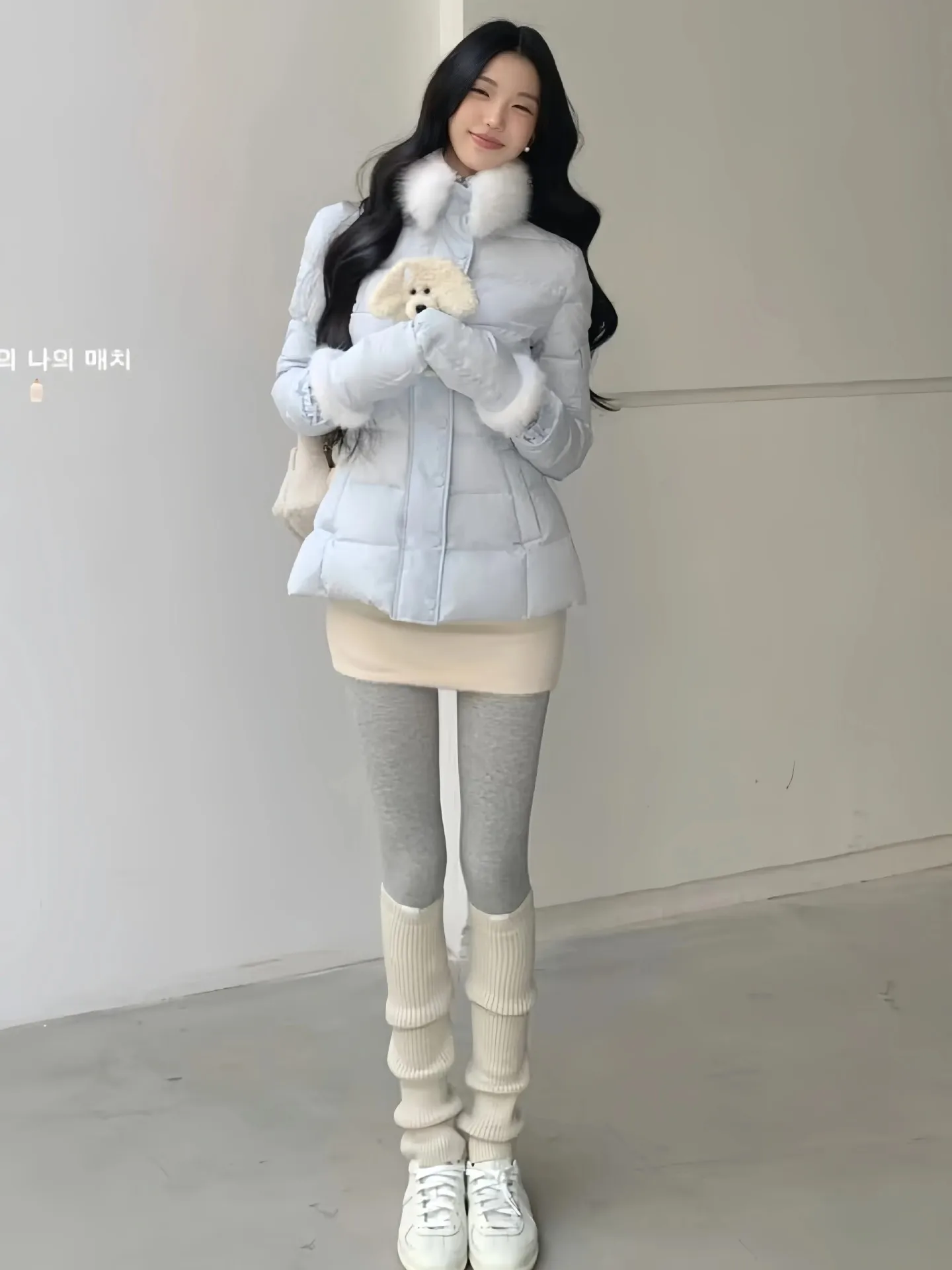 Sweet Light Blue Waist-cinching Padded Jacket Women Autumn Winter Faux Fur Collar Slim Puffer Jackets Woman Warm Thick Parkas