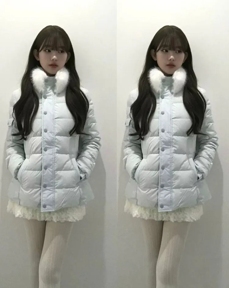 Sweet Light Blue Waist-cinching Padded Jacket Women Autumn Winter Faux Fur Collar Slim Puffer Jackets Woman Warm Thick Parkas