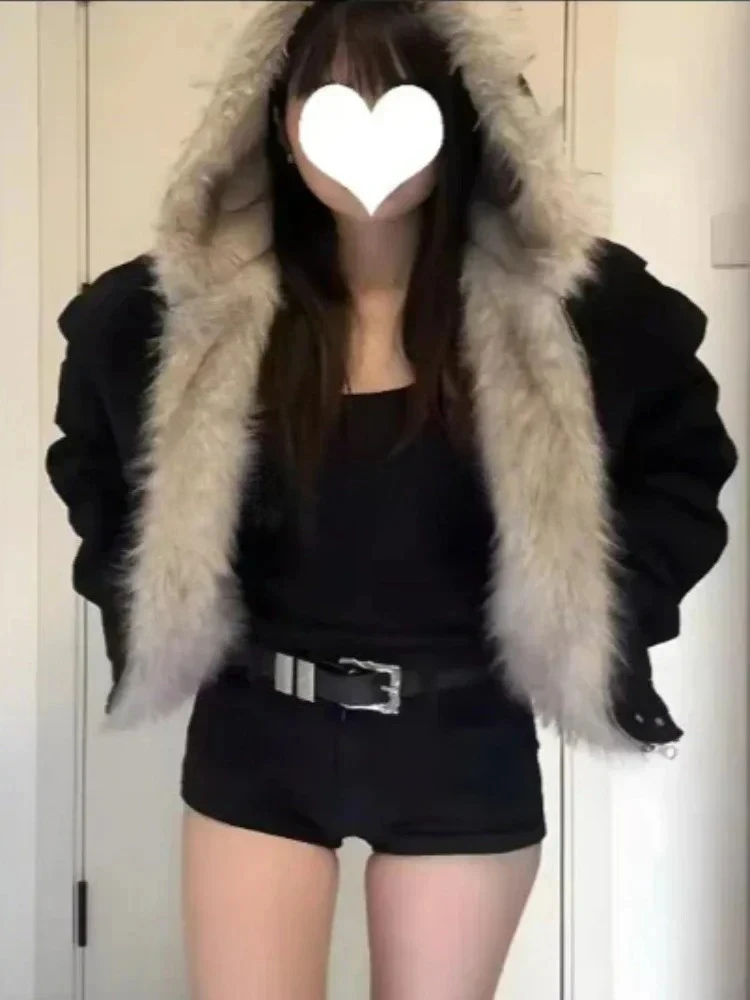 Elegant Liner Fur Collar Hood Loose Coat Women Y2k Thick Fashion Parkas Casual Tops Outerwear Padded Jackets Winter New Clothe