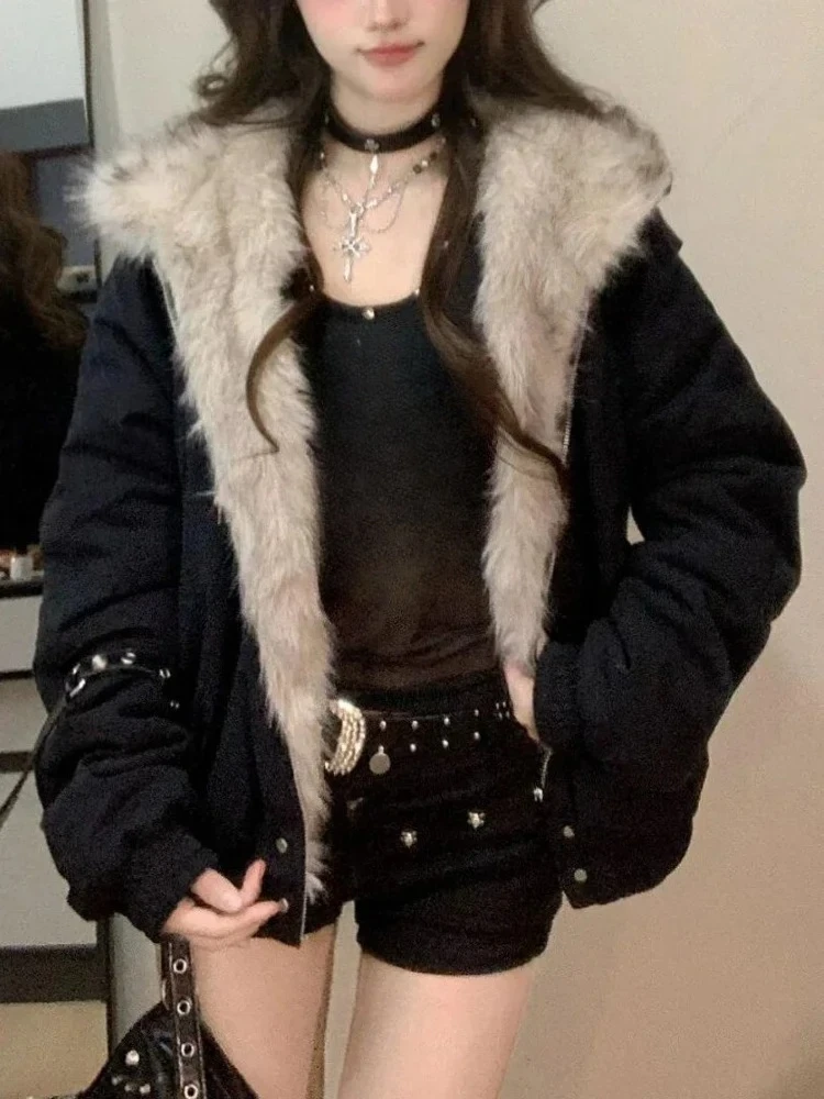 Elegant Liner Fur Collar Hood Loose Coat Women Y2k Thick Fashion Parkas Casual Tops Outerwear Padded Jackets Winter New Clothe