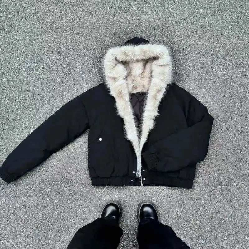 Elegant Liner Fur Collar Hood Loose Coat Women Y2k Thick Fashion Parkas Casual Tops Outerwear Padded Jackets Winter New Clothe
