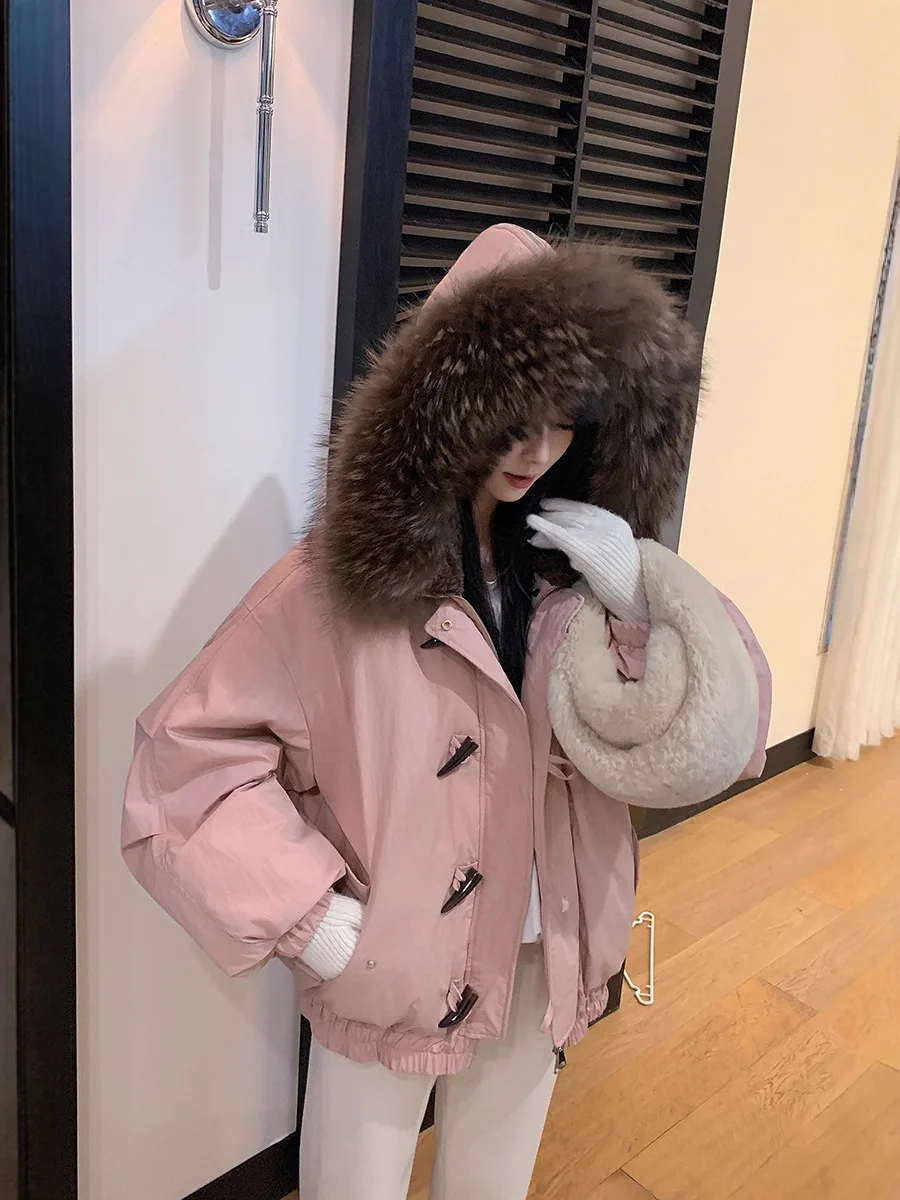 American Retro Large Hood Padded Jacket Women Faux Fur-Trim Collar Thick Parkas Woman Loose Warm Toggle Button Cotton Jackets