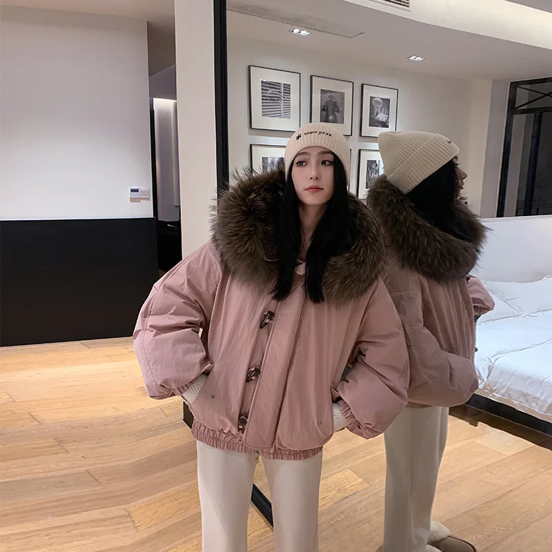 American Retro Large Hood Padded Jacket Women Faux Fur-Trim Collar Thick Parkas Woman Loose Warm Toggle Button Cotton Jackets