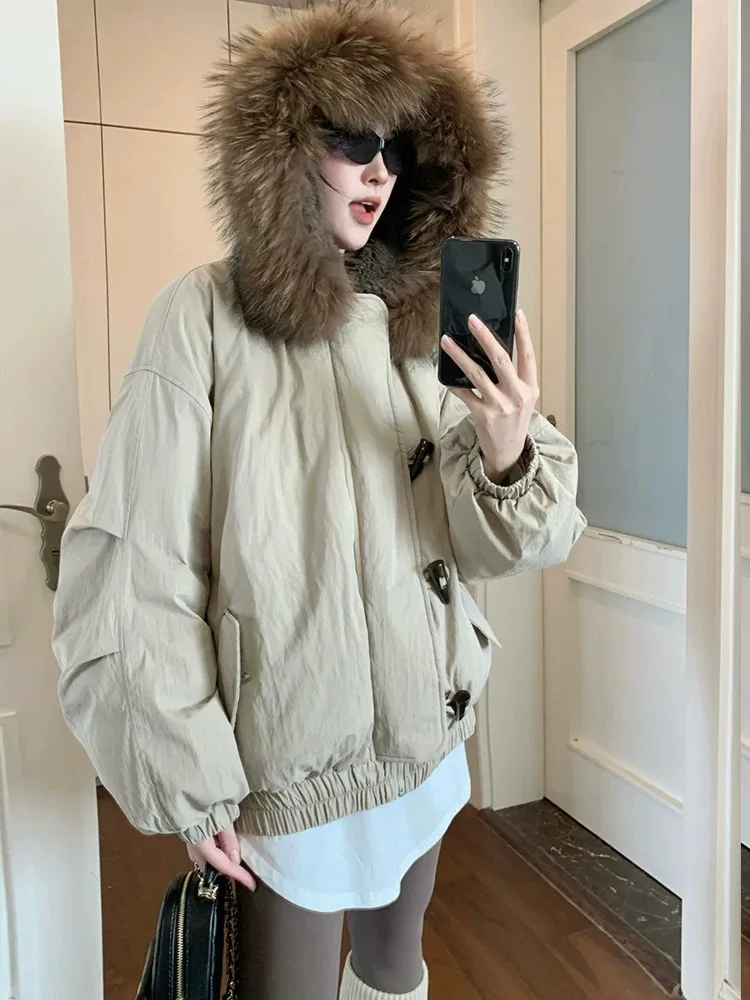 American Retro Large Hood Padded Jacket Women Faux Fur-Trim Collar Thick Parkas Woman Loose Warm Toggle Button Cotton Jackets