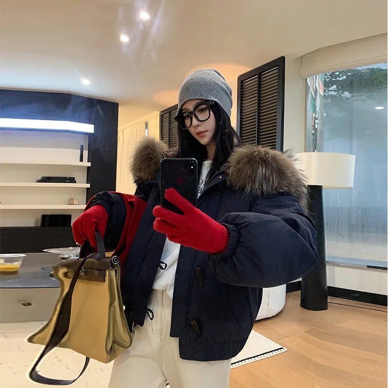 American Retro Large Hood Padded Jacket Women Faux Fur-Trim Collar Thick Parkas Woman Loose Warm Toggle Button Cotton Jackets