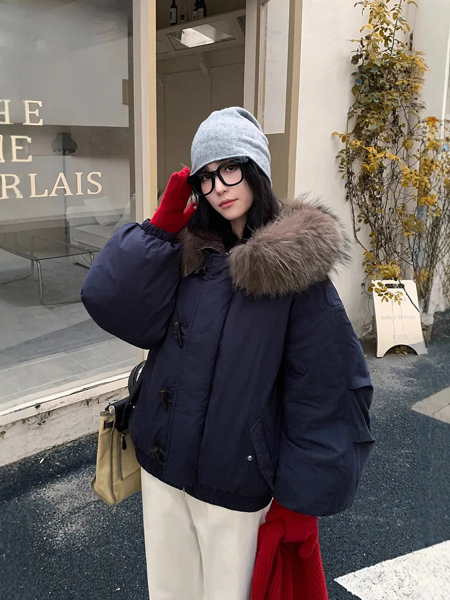 American Retro Large Hood Padded Jacket Women Faux Fur-Trim Collar Thick Parkas Woman Loose Warm Toggle Button Cotton Jackets