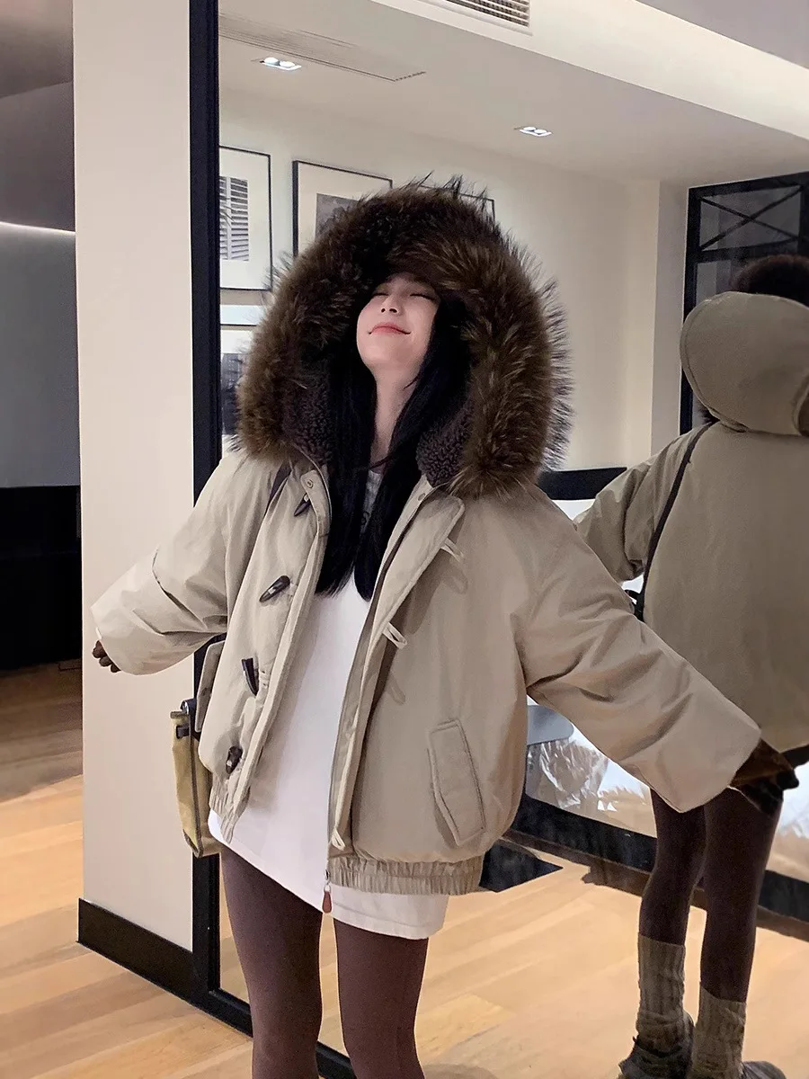 American Retro Large Hood Padded Jacket Women Faux Fur-Trim Collar Thick Parkas Woman Loose Warm Toggle Button Cotton Jackets