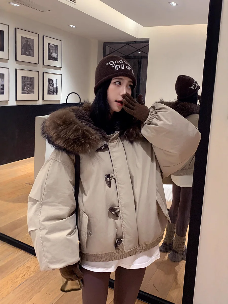 American Retro Large Hood Padded Jacket Women Faux Fur-Trim Collar Thick Parkas Woman Loose Warm Toggle Button Cotton Jackets