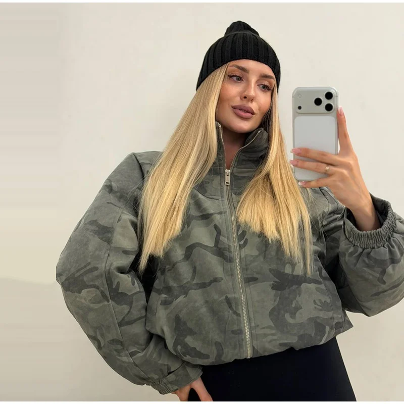 Fashion Camo Printed Women's Winter Jacket Casual Hooded Full Sleeve Loose Cropped Padded Coats New Street Chic Outwear 2026