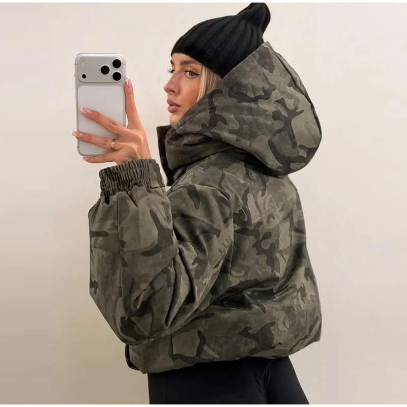 Fashion Camo Printed Women's Winter Jacket Casual Hooded Full Sleeve Loose Cropped Padded Coats New Street Chic Outwear 2026
