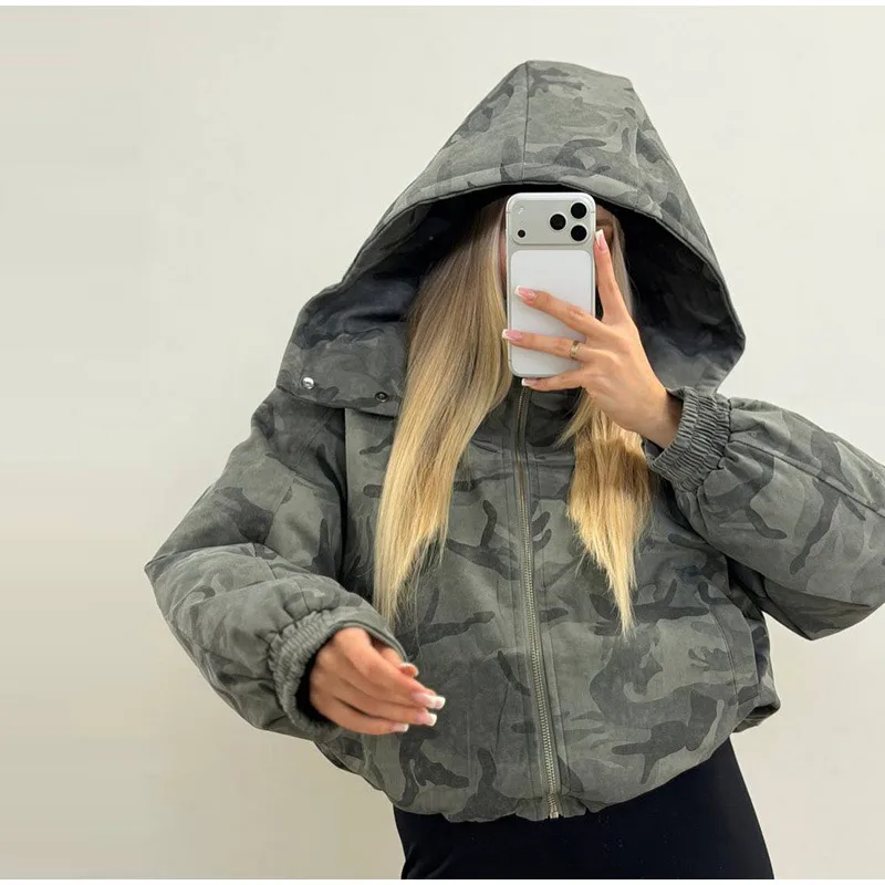 Fashion Camo Printed Women's Winter Jacket Casual Hooded Full Sleeve Loose Cropped Padded Coats New Street Chic Outwear 2026