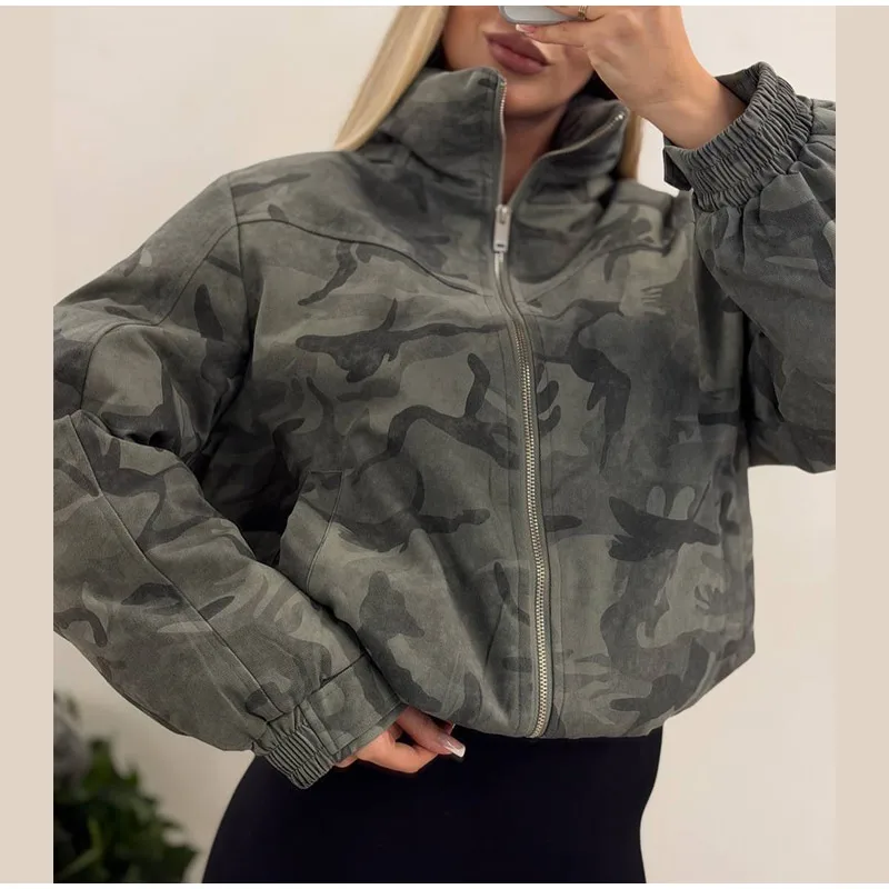 Fashion Camo Printed Women's Winter Jacket Casual Hooded Full Sleeve Loose Cropped Padded Coats New Street Chic Outwear 2026
