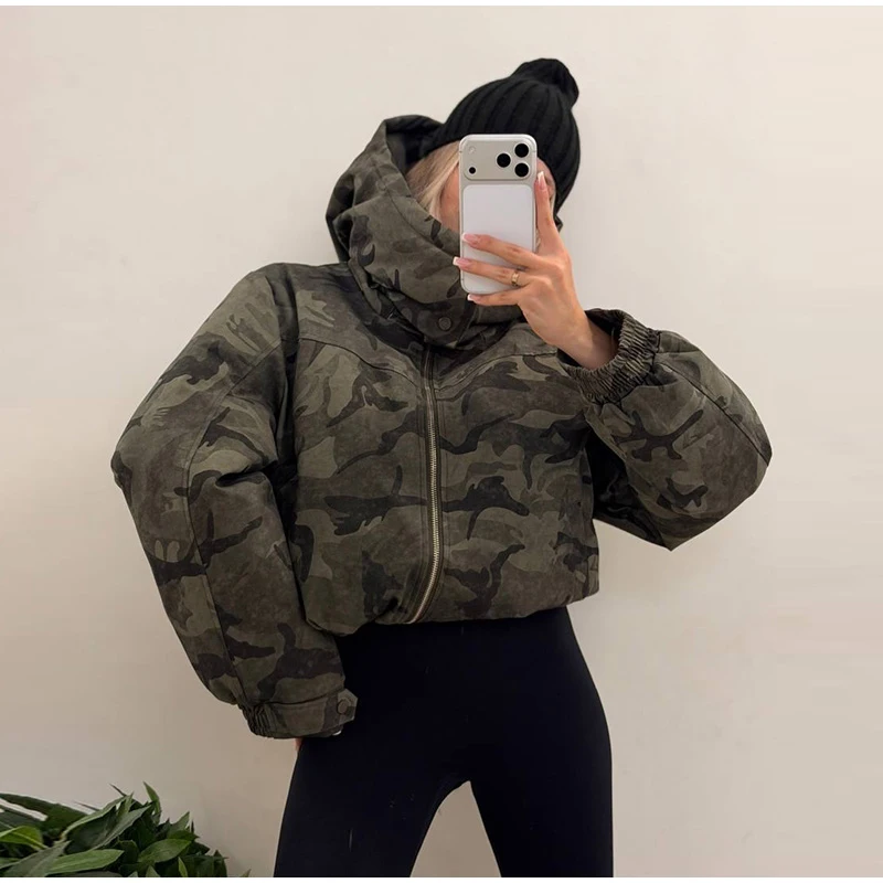 Fashion Camo Printed Women's Winter Jacket Casual Hooded Full Sleeve Loose Cropped Padded Coats New Street Chic Outwear 2026