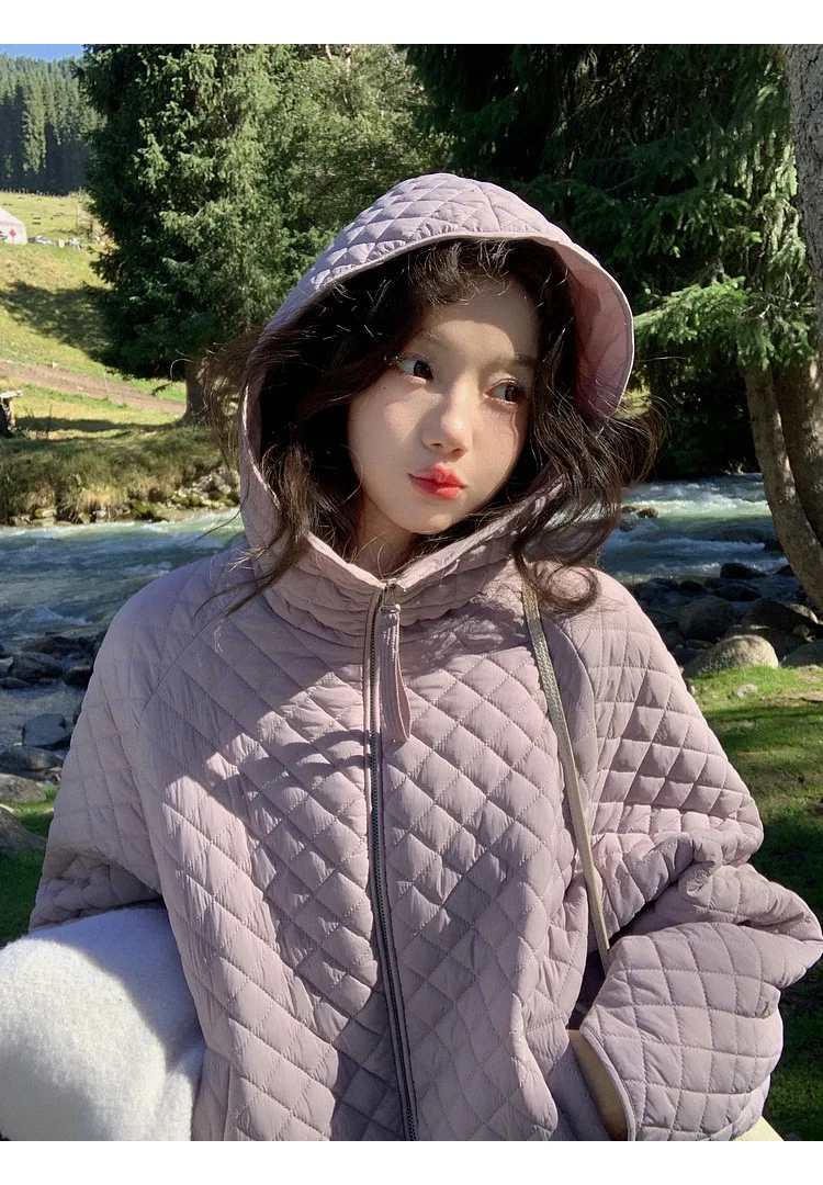 Lightweight Quilted Hooded Padded Jacket Women Autumn Winter Korean Loose Warm Outerwear Woman Solid Color Casual Cotton Jacket