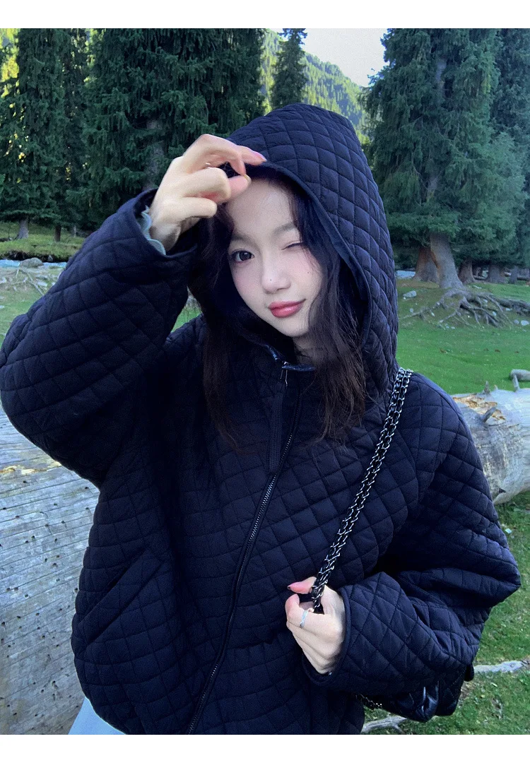 Lightweight Quilted Hooded Padded Jacket Women Autumn Winter Korean Loose Warm Outerwear Woman Solid Color Casual Cotton Jacket