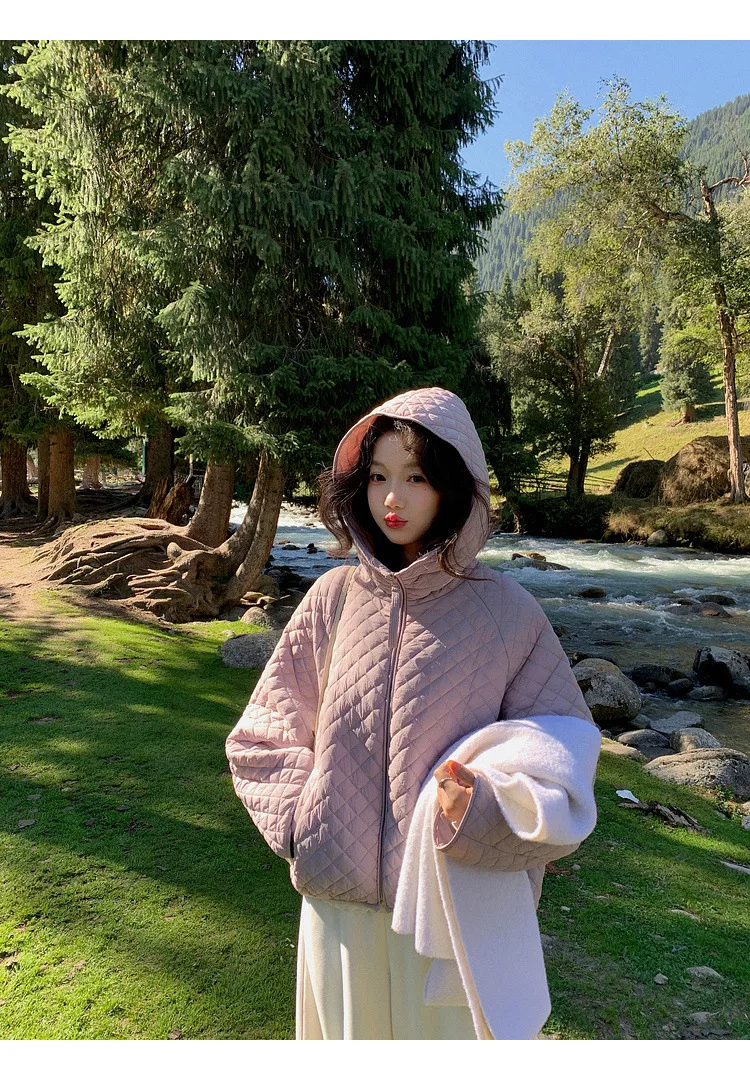 Lightweight Quilted Hooded Padded Jacket Women Autumn Winter Korean Loose Warm Outerwear Woman Solid Color Casual Cotton Jacket
