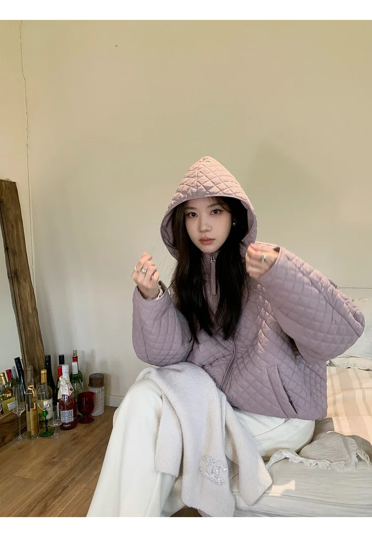Lightweight Quilted Hooded Padded Jacket Women Autumn Winter Korean Loose Warm Outerwear Woman Solid Color Casual Cotton Jacket