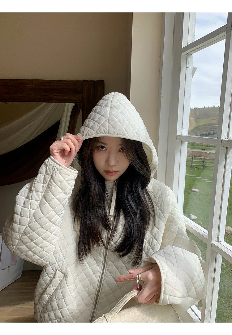Lightweight Quilted Hooded Padded Jacket Women Autumn Winter Korean Loose Warm Outerwear Woman Solid Color Casual Cotton Jacket