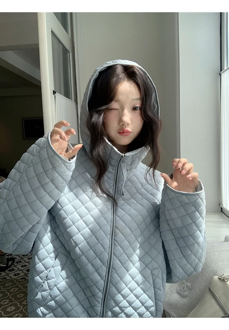 Lightweight Quilted Hooded Padded Jacket Women Autumn Winter Korean Loose Warm Outerwear Woman Solid Color Casual Cotton Jacket