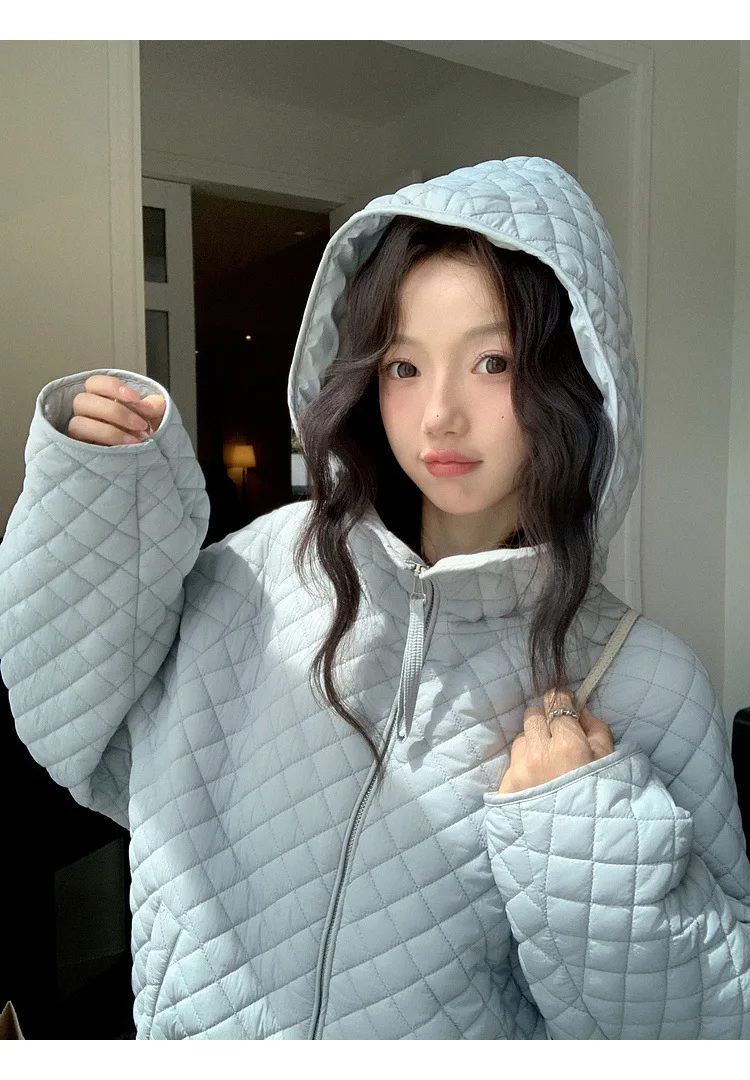 Lightweight Quilted Hooded Padded Jacket Women Autumn Winter Korean Loose Warm Outerwear Woman Solid Color Casual Cotton Jacket