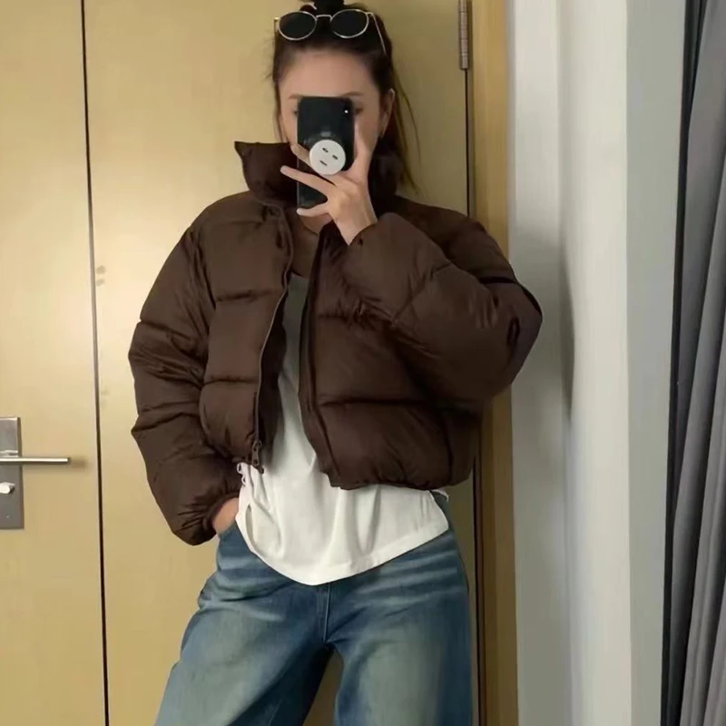 American Streetwear Stand Collar Cropped Parkas Women Thicken Warm Long Sleeve Down Cotton Jackets Woman Winter Puff Bread Coats