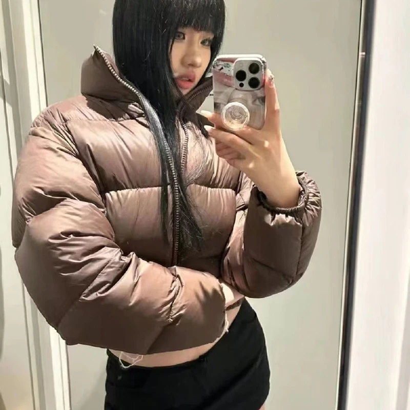 American Streetwear Stand Collar Cropped Parkas Women Thicken Warm Long Sleeve Down Cotton Jackets Woman Winter Puff Bread Coats