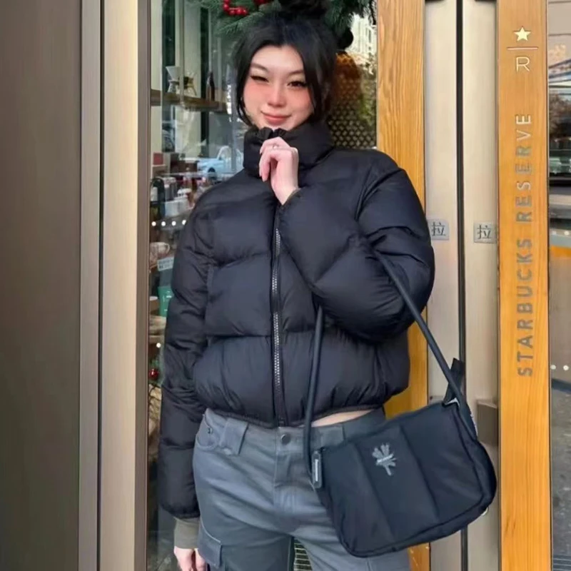 American Streetwear Stand Collar Cropped Parkas Women Thicken Warm Long Sleeve Down Cotton Jackets Woman Winter Puff Bread Coats