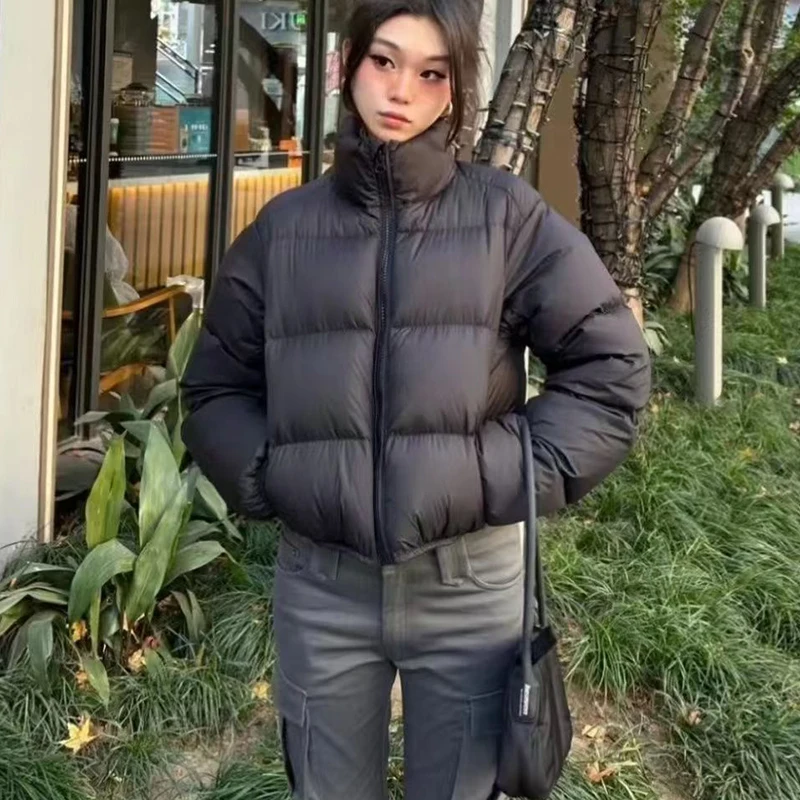 American Streetwear Stand Collar Cropped Parkas Women Thicken Warm Long Sleeve Down Cotton Jackets Woman Winter Puff Bread Coats