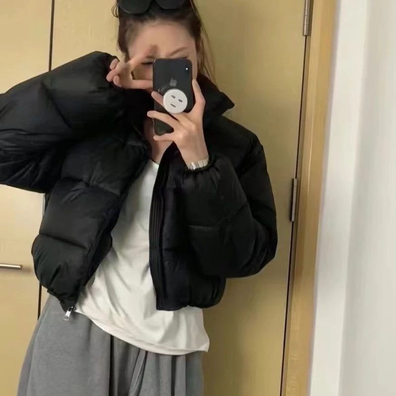 American Streetwear Stand Collar Cropped Parkas Women Thicken Warm Long Sleeve Down Cotton Jackets Woman Winter Puff Bread Coats