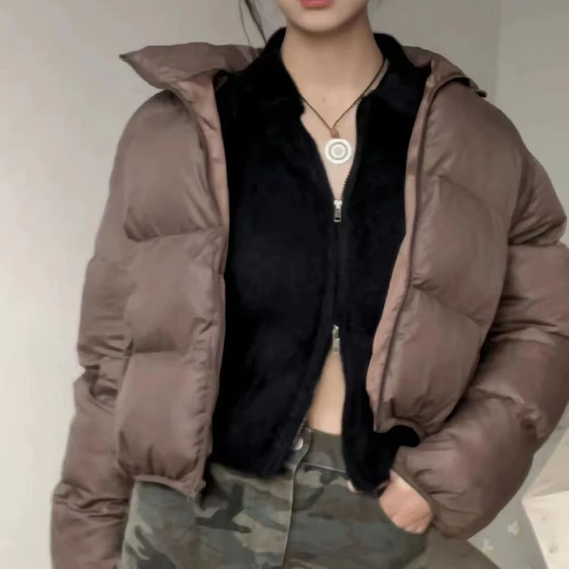 American Streetwear Stand Collar Cropped Parkas Women Thicken Warm Long Sleeve Down Cotton Jackets Woman Winter Puff Bread Coats