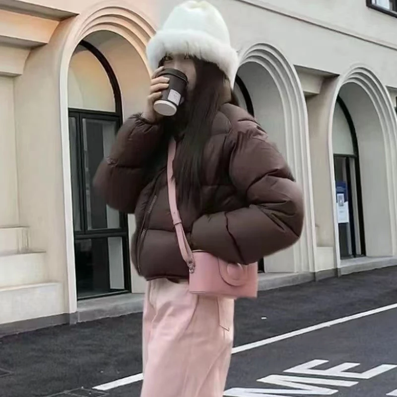 American Streetwear Stand Collar Cropped Parkas Women Thicken Warm Long Sleeve Down Cotton Jackets Woman Winter Puff Bread Coats