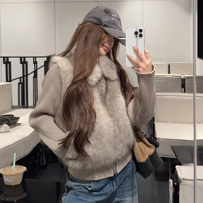 Korean Faux Fur Vest Knitted Long Sleeve Coats Women Chic Zip-Up Turn Down Collar Fluffy Parkas Woman Warm Winter Cotton Jackers