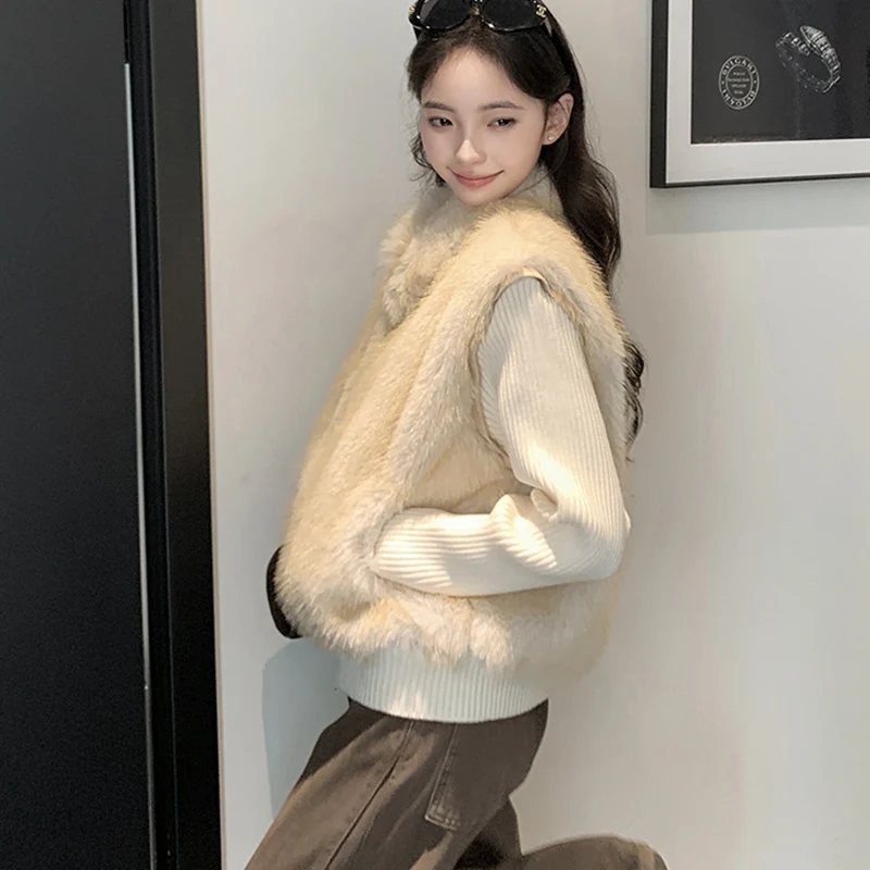 Korean Faux Fur Vest Knitted Long Sleeve Coats Women Chic Zip-Up Turn Down Collar Fluffy Parkas Woman Warm Winter Cotton Jackers