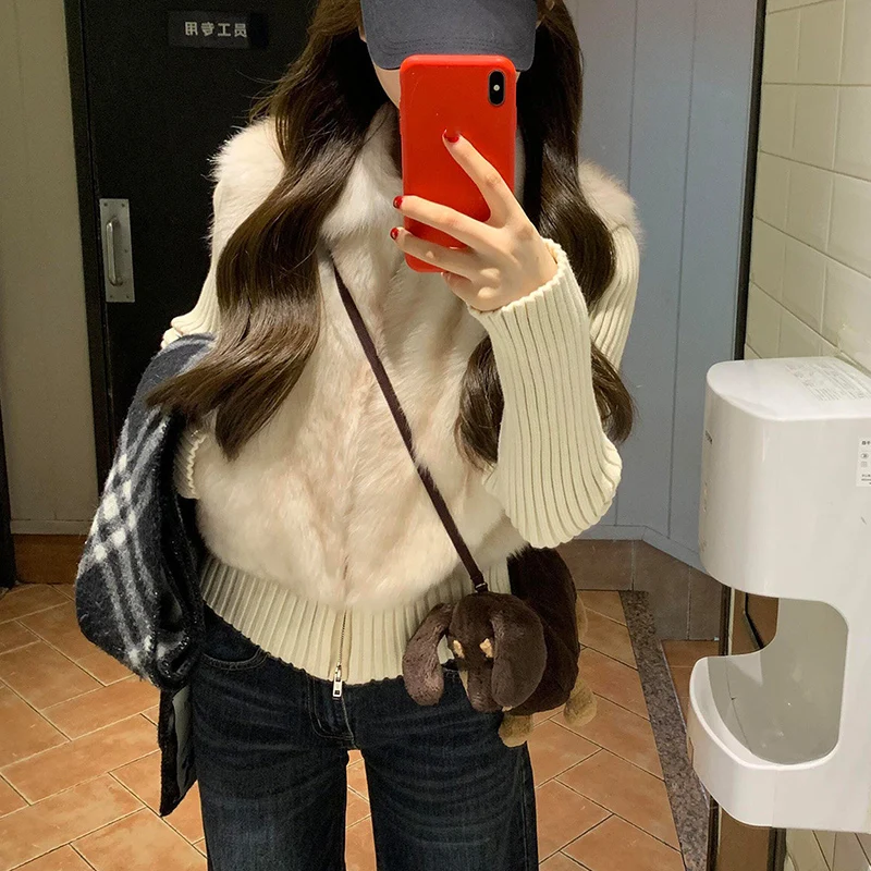 Korean Faux Fur Vest Knitted Long Sleeve Coats Women Chic Zip-Up Turn Down Collar Fluffy Parkas Woman Warm Winter Cotton Jackers