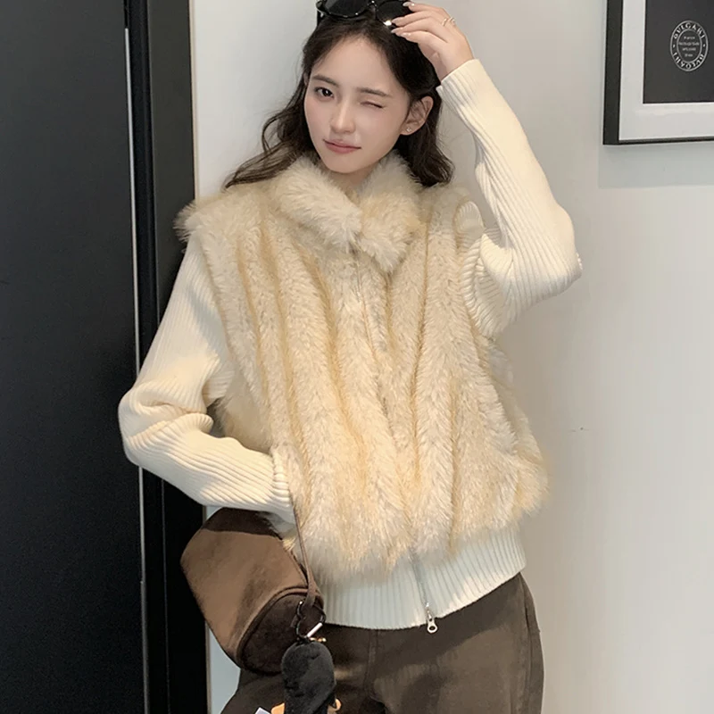 Korean Faux Fur Vest Knitted Long Sleeve Coats Women Chic Zip-Up Turn Down Collar Fluffy Parkas Woman Warm Winter Cotton Jackers