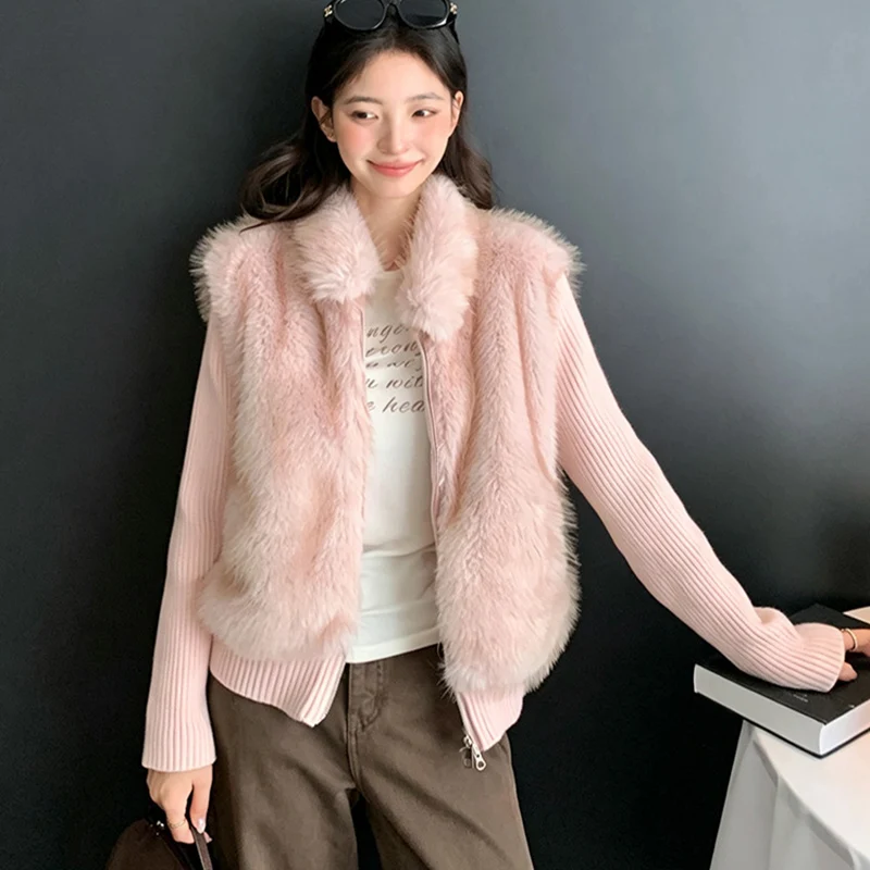 Korean Faux Fur Vest Knitted Long Sleeve Coats Women Chic Zip-Up Turn Down Collar Fluffy Parkas Woman Warm Winter Cotton Jackers