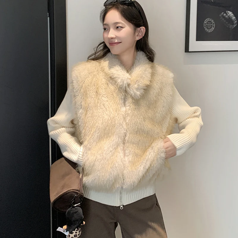Korean Faux Fur Vest Knitted Long Sleeve Coats Women Chic Zip-Up Turn Down Collar Fluffy Parkas Woman Warm Winter Cotton Jackers