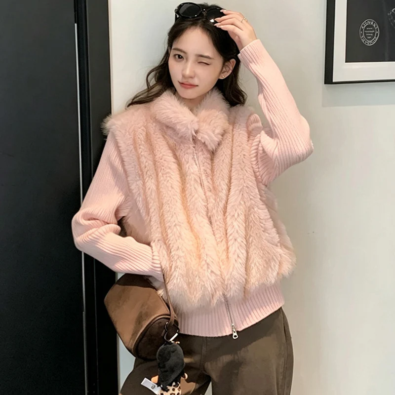 Korean Faux Fur Vest Knitted Long Sleeve Coats Women Chic Zip-Up Turn Down Collar Fluffy Parkas Woman Warm Winter Cotton Jackers