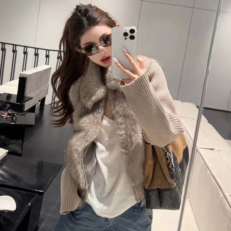 Korean Faux Fur Vest Knitted Long Sleeve Coats Women Chic Zip-Up Turn Down Collar Fluffy Parkas Woman Warm Winter Cotton Jackers