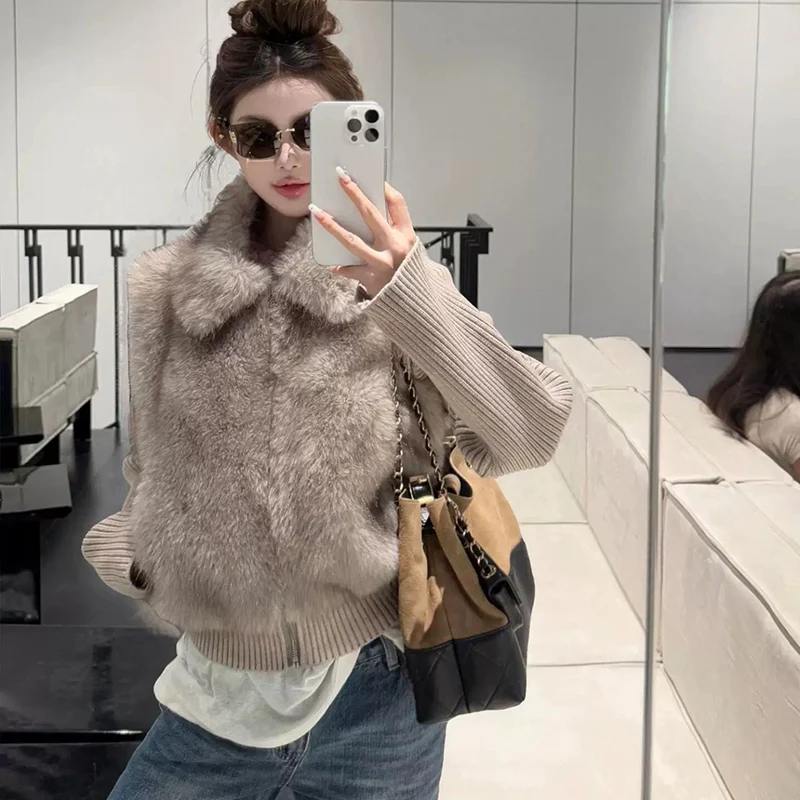 Korean Faux Fur Vest Knitted Long Sleeve Coats Women Chic Zip-Up Turn Down Collar Fluffy Parkas Woman Warm Winter Cotton Jackers