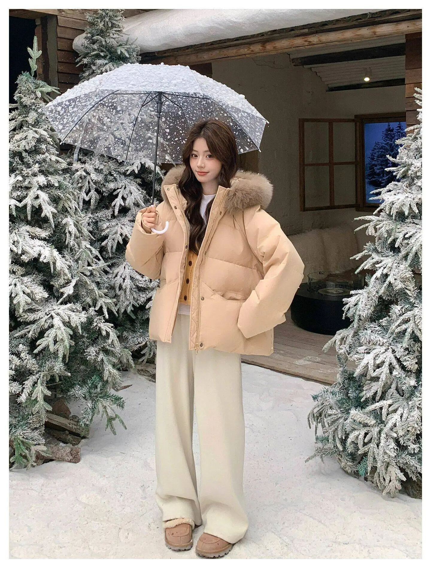 Fashion Faux Fur Collar Hooded Short Puffer Jacket Women 2026 Winter Thicken Parkas Woman Korean Solid Big Pocket Padded Coat