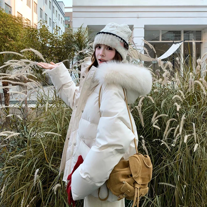 Fashion Faux Fur Collar Hooded Short Puffer Jacket Women 2026 Winter Thicken Parkas Woman Korean Solid Big Pocket Padded Coat