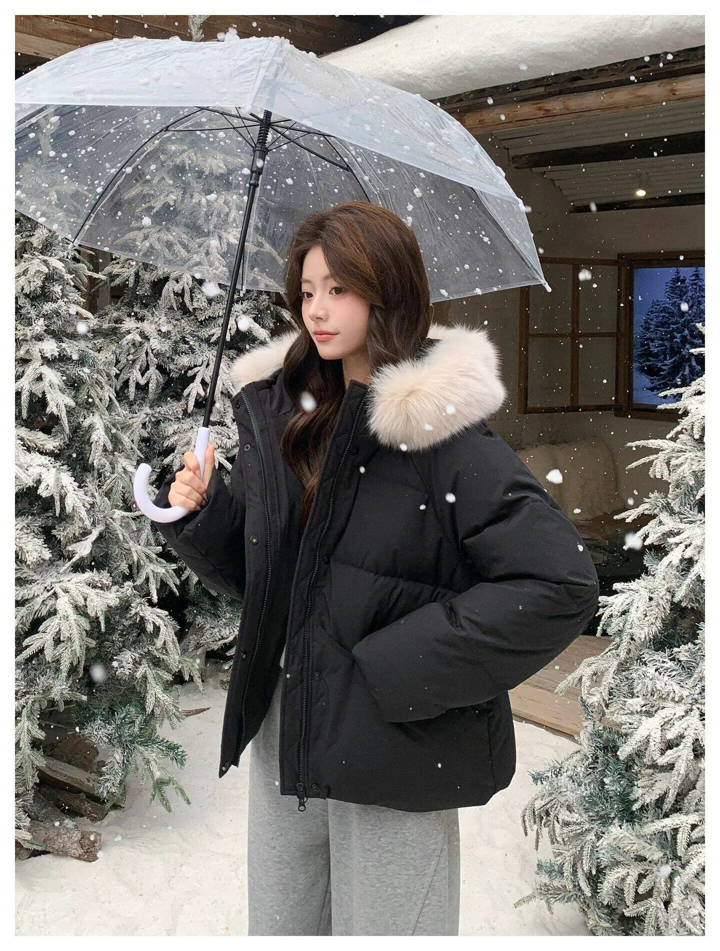 Fashion Faux Fur Collar Hooded Short Puffer Jacket Women 2026 Winter Thicken Parkas Woman Korean Solid Big Pocket Padded Coat