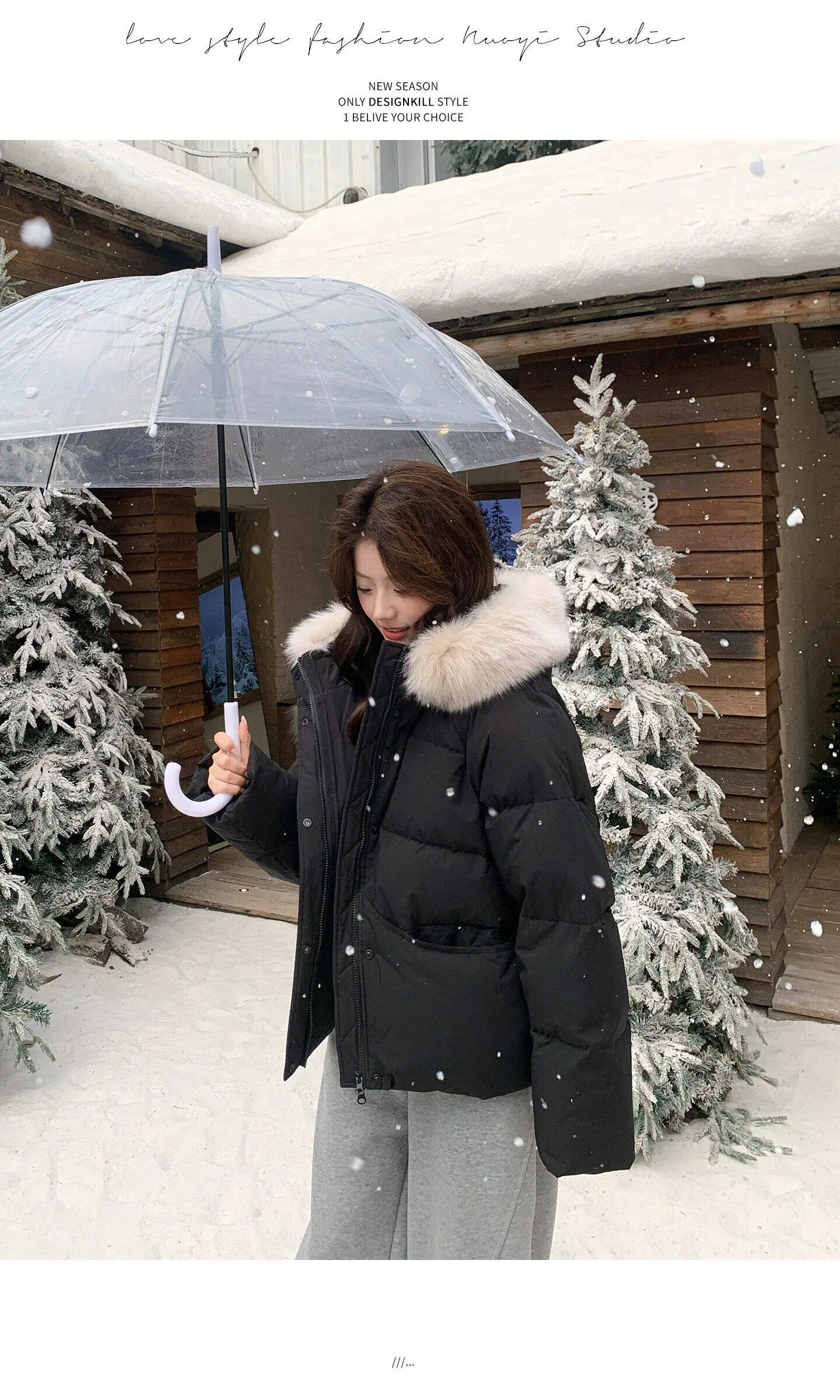 Fashion Faux Fur Collar Hooded Short Puffer Jacket Women 2026 Winter Thicken Parkas Woman Korean Solid Big Pocket Padded Coat